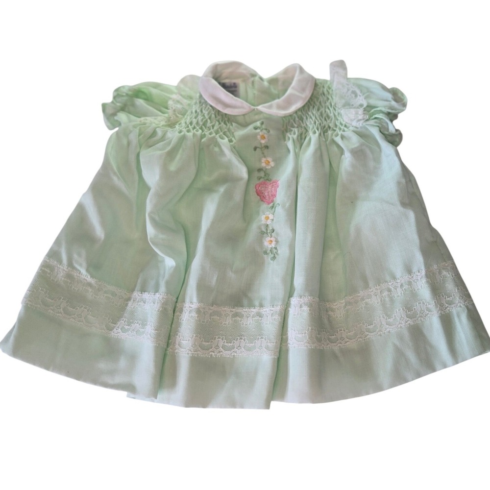 Vintage Polly Flinders Baby Dress 0-3M Green Hand Smocked Lace Embroidered